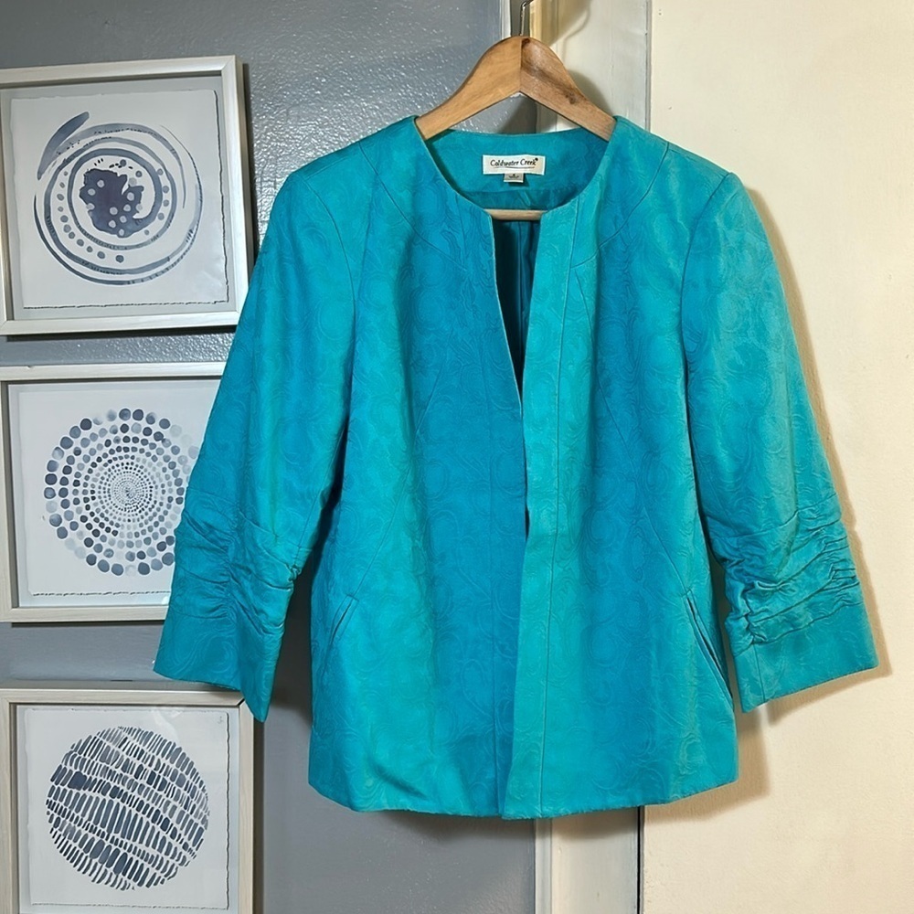 Coldwater Creek Women’s Teal Blue Ruched 3/4 Length Sleeve Blazer/Jacket Size 8